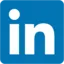 LinkedIn logo with white 'in' initials on blue background.