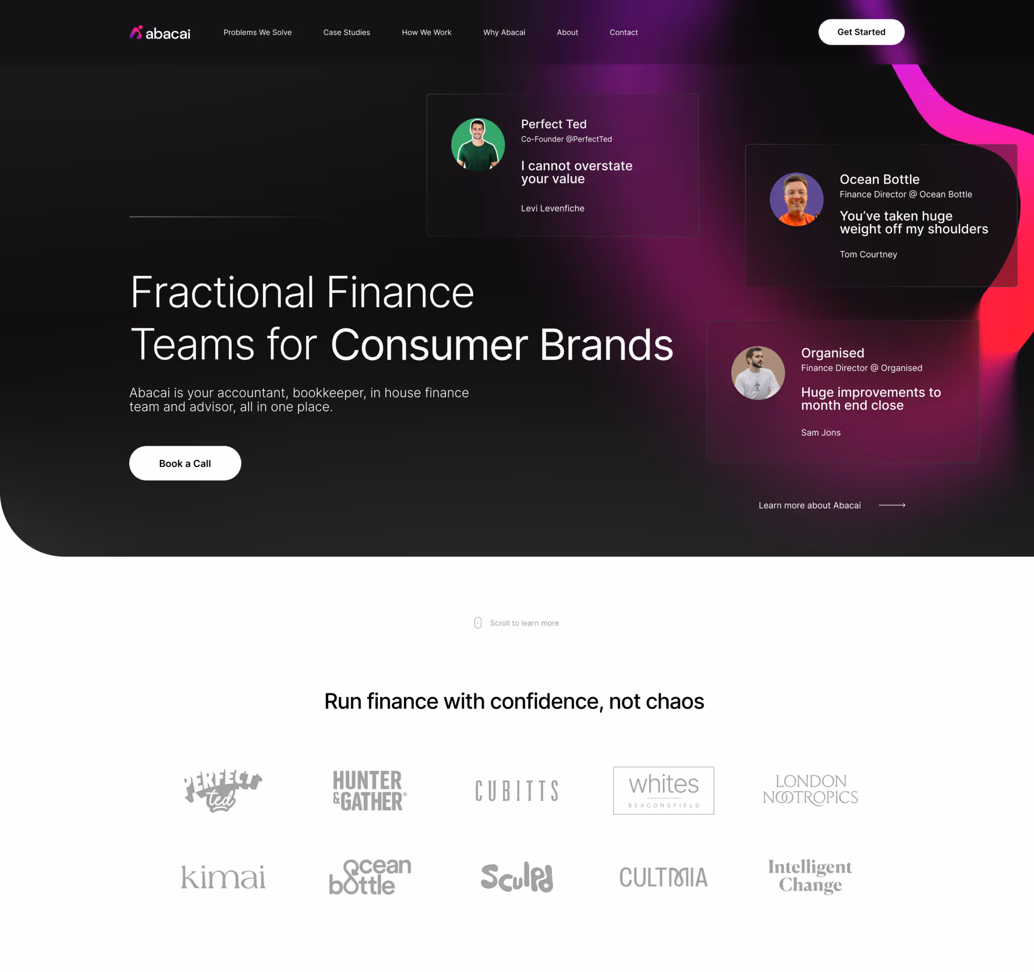 Website homepage for Abacai, offering fractional finance teams for consumer brands, with client testimonials and partner logos.